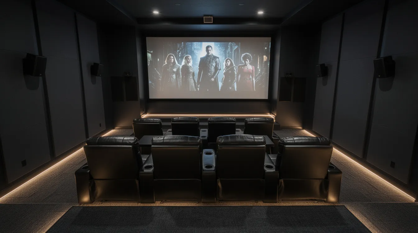Dark home theater with leather recliners facing a large movie screen displaying a scene.