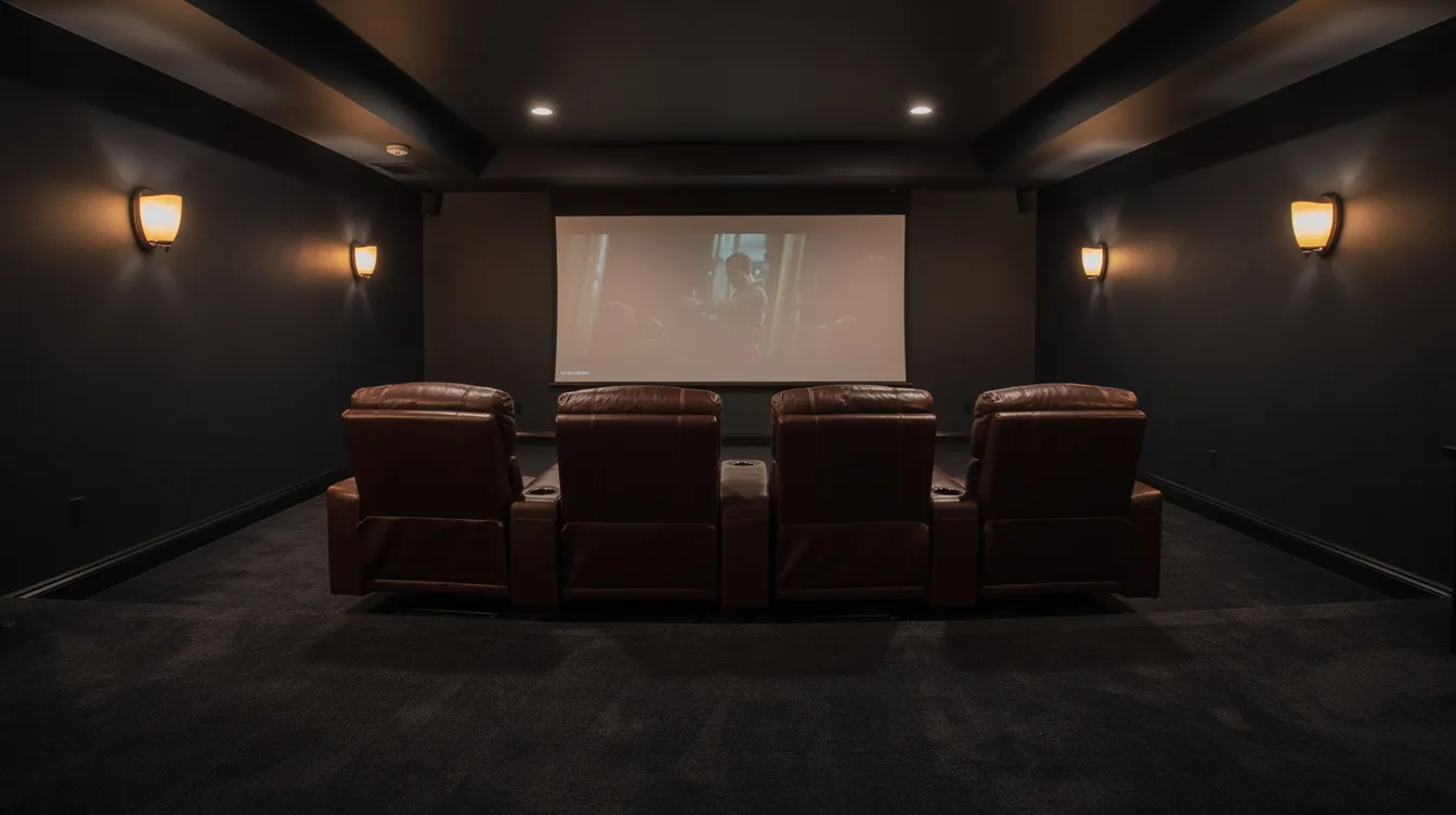 The image depicts a cozy basement home theater featuring plush recliners arranged in front of a large projection screen, illuminated by warm sconce lighting on the walls, creating an inviting atmosphere for an immersive movie experience. This dedicated home theater space showcases a thoughtful seating layout, perfect for enjoying films with family and friends.