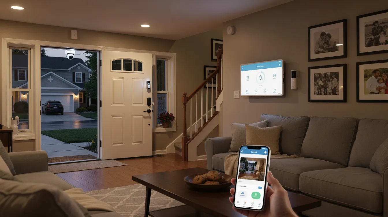 Living room with front door open, TV on wall, and hand holding a smartphone in the foreground