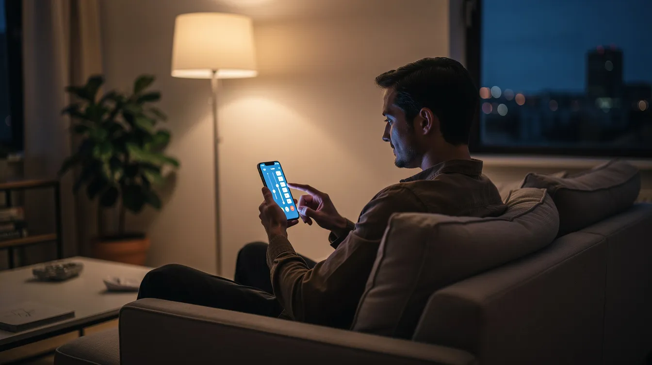 A person is sitting comfortably on a couch, using a smartphone to adjust the smart lighting in their living room, showcasing the convenience of smart home technology and home automation. The scene highlights how smart devices can enhance daily life by allowing remote control of lighting for energy savings and comfort.