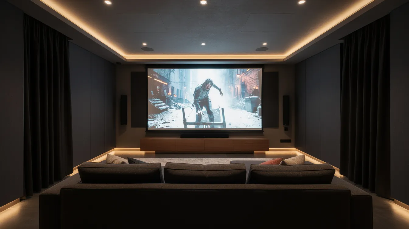 The image depicts a cozy home theater room featuring a large projection screen, recessed ceiling speakers, and dimmed ambient lighting, creating an inviting atmosphere for movie nights. This space exemplifies smart home technology, enhancing entertainment experiences with smart devices and automation features.