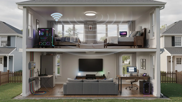 Cross-section of a modern two-story smart home with living room, office, and bedrooms visible