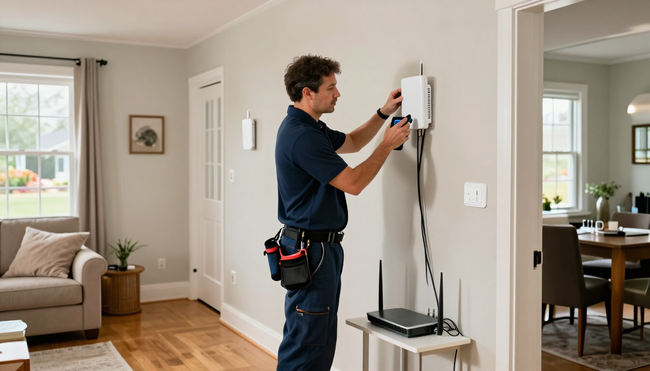 Technician mounting a wall device in a bright living room, using tools and measuring equipment