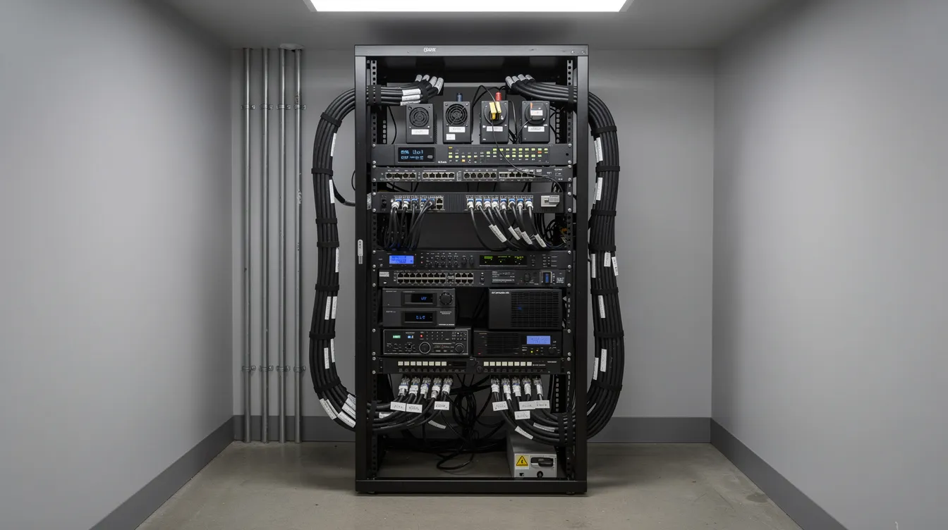 The image shows a neatly organized AV equipment rack inside a utility closet, featuring labeled cables for easy identification. This setup exemplifies smart home technology, enhancing the efficiency of a home automation system by ensuring that all connected devices are easily accessible and manageable.