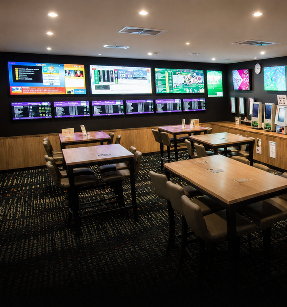 Sports bar with multiple wall-mounted TVs, wooden tables, and patterned carpet seating area