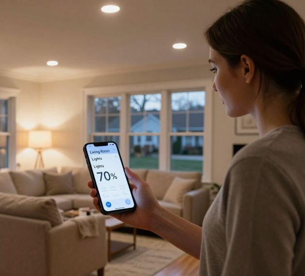 Person holding a smartphone with a 70% battery display in a cozy living room.