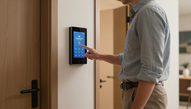 Person using a wall-mounted touchscreen panel in a modern hallway beside an open door.