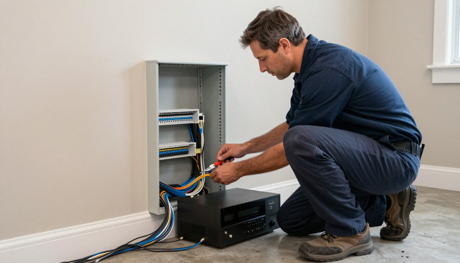 Technician kneeling by an open wall network panel, connecting cables in a room with a laptop nearby