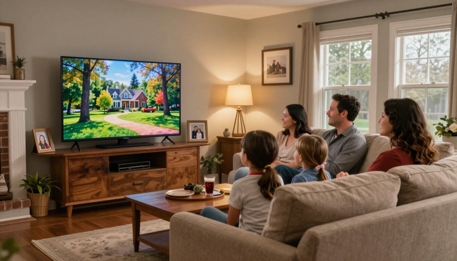 Family watches a colorful nature scene on a TV in a cozy living room