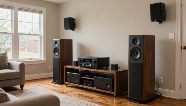 Living room with stereo system, two tall speakers, and a TV stand by a window