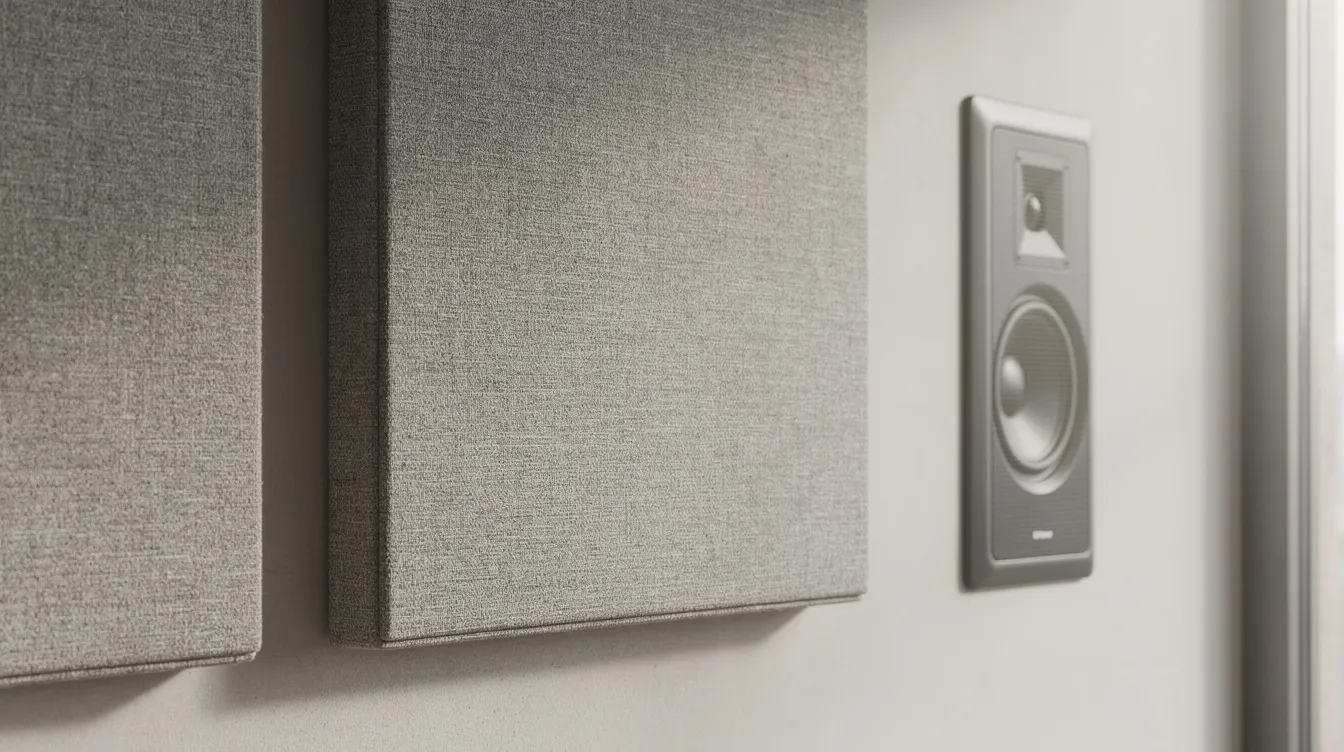The image shows a close-up view of fabric-wrapped acoustic panels mounted on a wall, designed to enhance sound quality in a dedicated home theater. In-wall speakers are also visible, contributing to a surround sound system for an immersive movie experience.