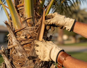 Gloved hands trimming dried fronds from a palm tree trunk outdoors Gloved hands trimming dried fronds from a palm tree trunk outdoors
