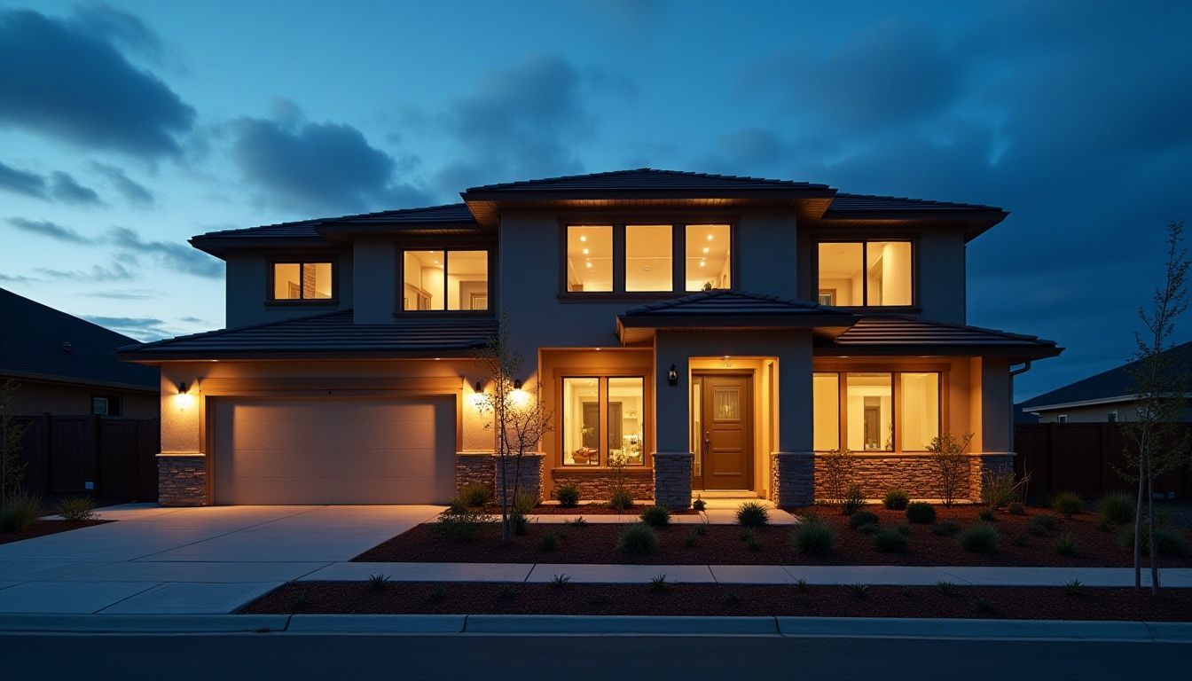 Two-story house at dusk, lit interior lights against a dark blue sky, gray exterior, and a two-car garage.