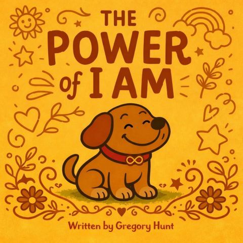 Book cover with smiling brown dog on yellow background, titled “The Power of I Am” by Gregory Hunt