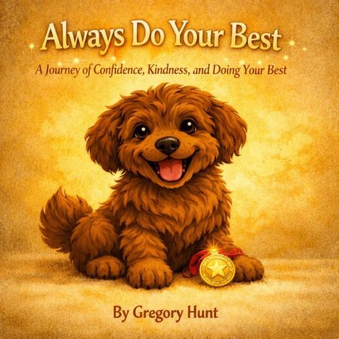 A smiling brown puppy beside a gold medal on a golden book cover titled