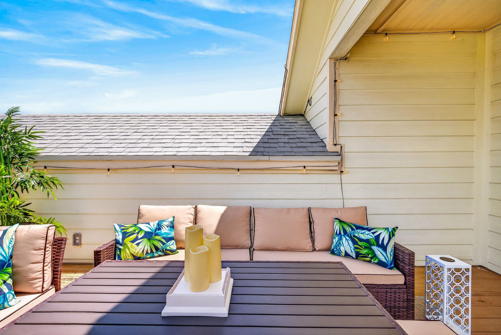 Rooftop lounge seating and table for relaxing outdoors