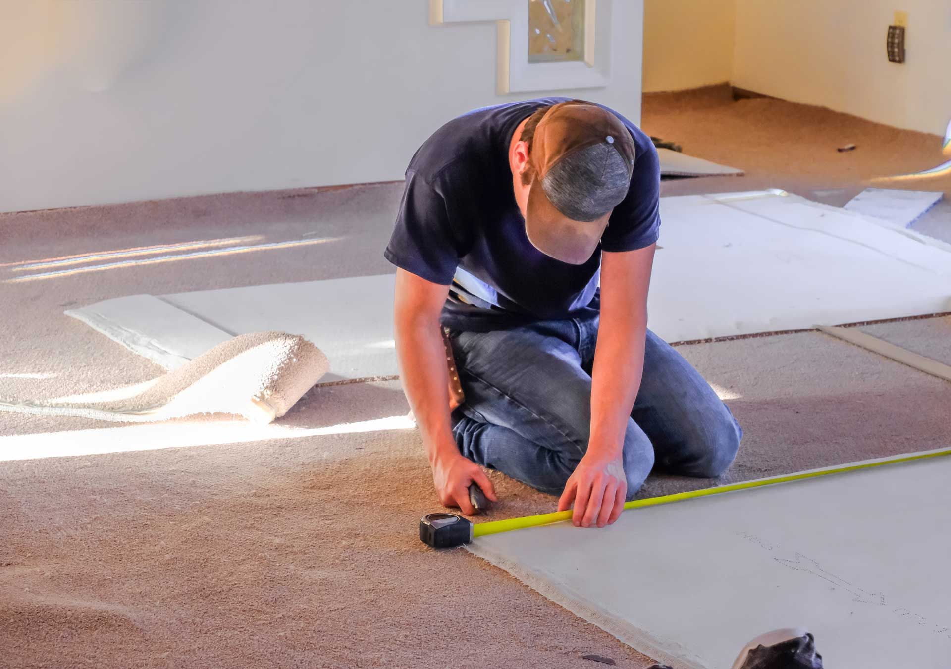Person measuring carpet in a room with a tape measure