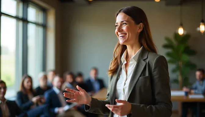 confident businesswoman smiling as she gives a presentation to colleagues