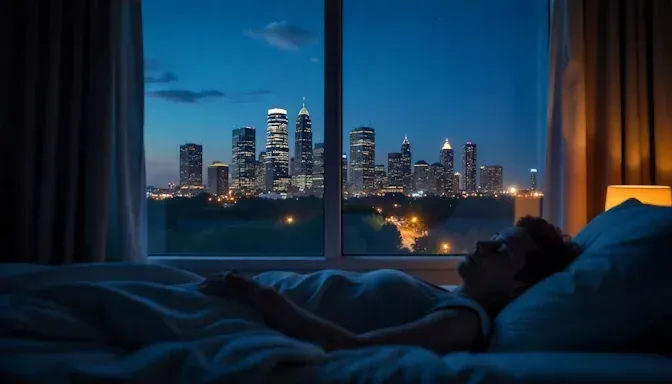 A peaceful Oklahoma City night skyline can be seen outside of a bedroom window with a person sleeping calmly in the foreground.