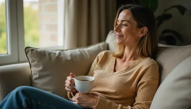 A relaxed woman sitting comfortably on a sofa in Oklahoma City, holding a cup of tea with a peaceful expression.