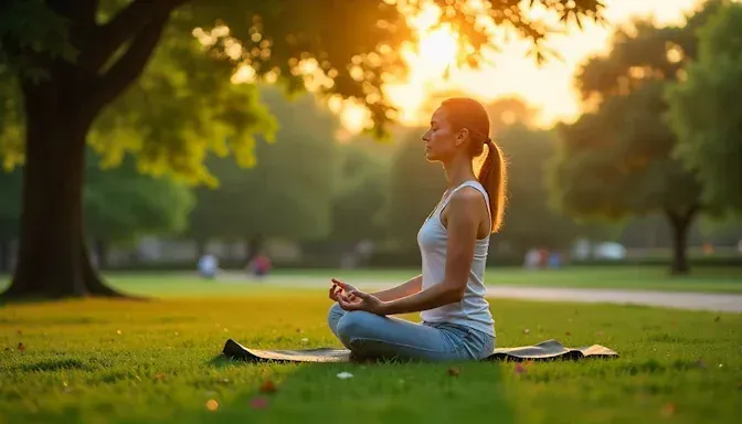 A serene Oklahoma City park scene with a relaxed person meditating