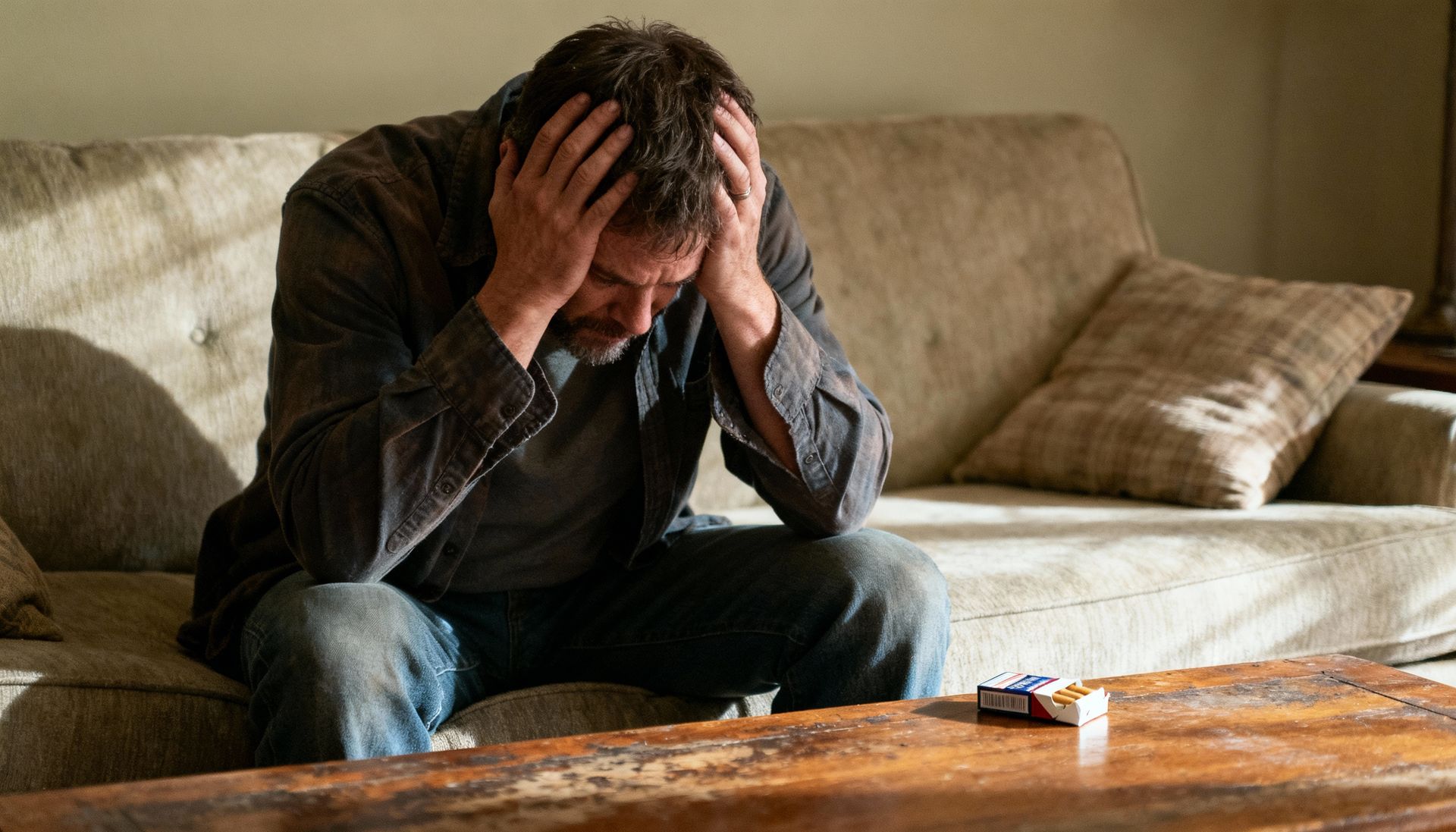 A stressed Oklahoma City resident sitting on their couch with a half-empty cigarette pack nearby frustrated and losing motivation to quit
