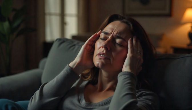 OKC woman trying to relax in her living room with her eyes closed, but hands on her head due to a migraine headache