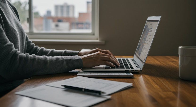 Oklahoma City man at home on laptop seeking remote hypnosis help submitting a request for a callback
