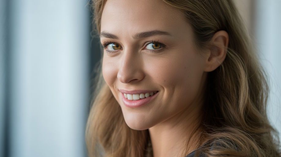 Close-up portrait of an attractive woman with calm eyes and a beautiful smile beaming with confidence