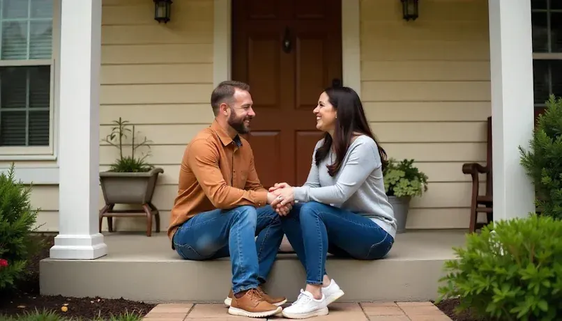 Couple sitting on the porch of their Edmond home, holding hands and laughing together