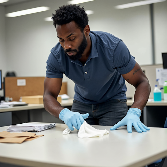 Man wiping down everything with sanitizing wipes