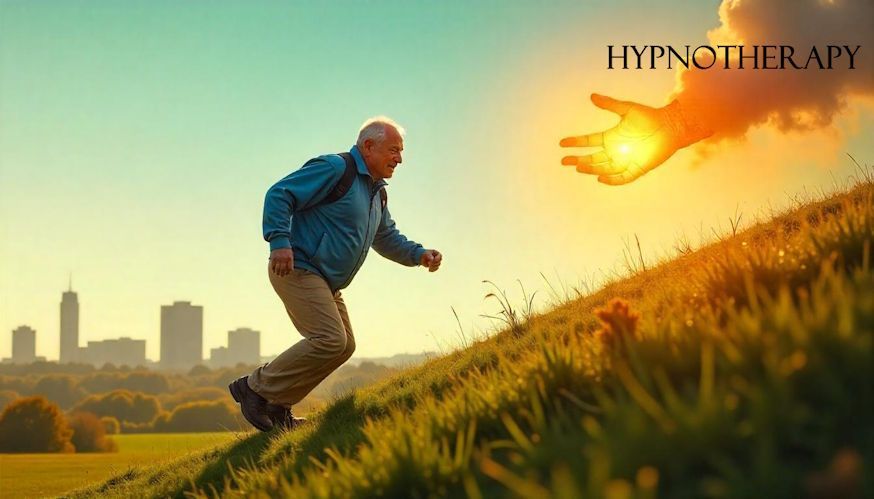 a man hiking up a hill with a hand reaching down from above to give him a helping hand towards quitting smoking with hypnotherapy