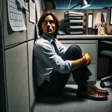 A man sits on the floor in an office cubicle cowered in fear