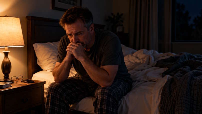 Man sitting up in bed late cant sleep with anxious thoughts racing