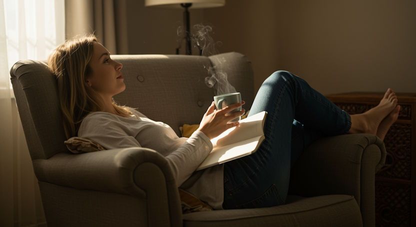 OKC Relaxed client on her cozy armchair after hypnosis with her journal open and holding her coffee