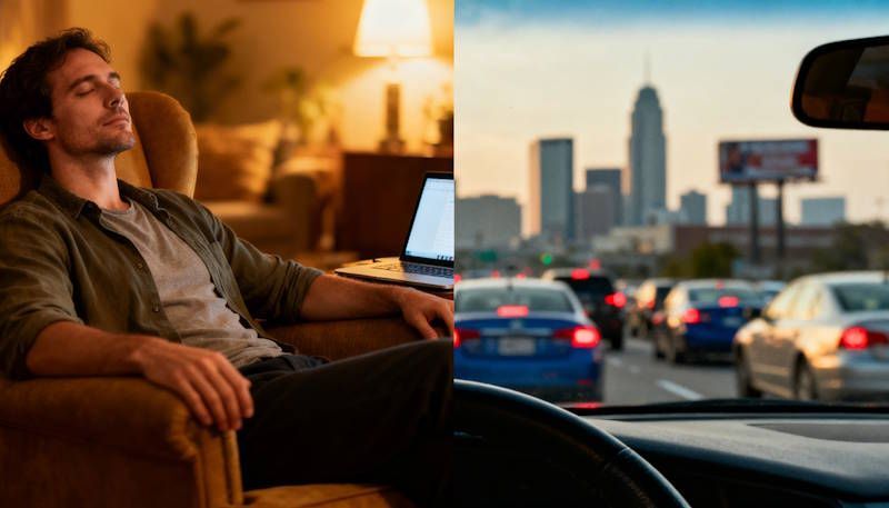OKC man deep in hypnosis relaxed at home on one side - driving in OKC rush hour traffic stressed on the other side