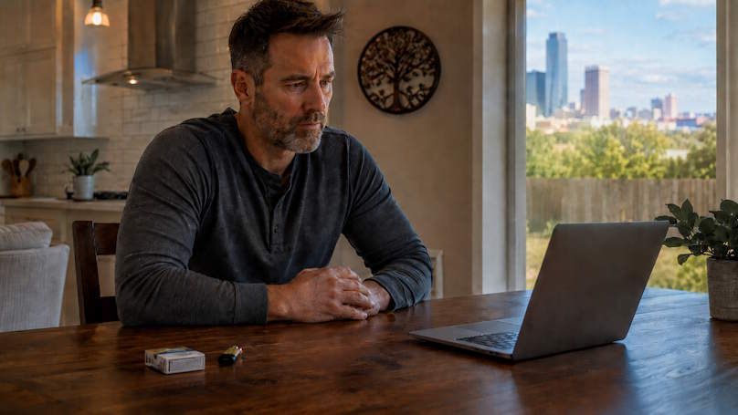 OKC man sitting at kitchen table looking thoughtfully at a cigarette pack and lighter he pushed away