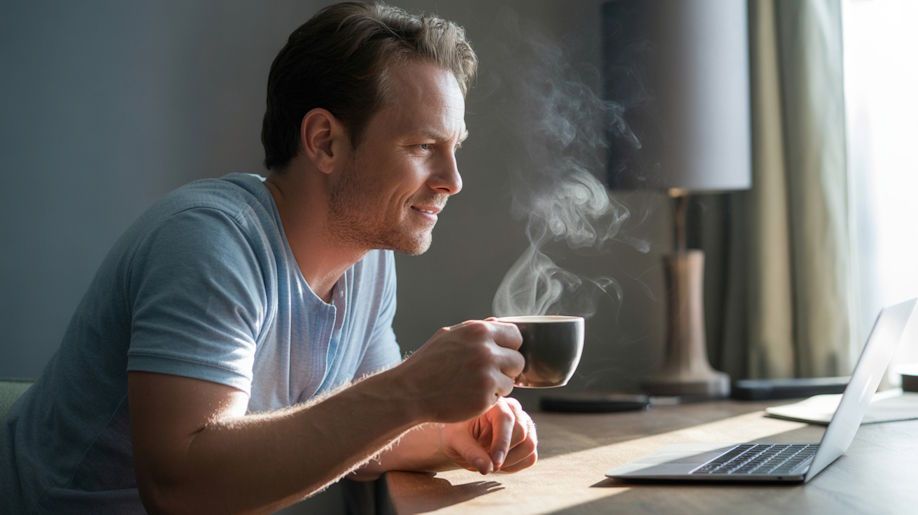 OKC man with relaxed expression under soft morning light steam rising from coffee cup laptop open during remote hypnosis session