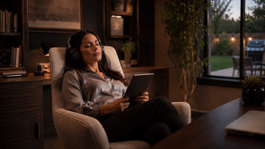 OKC woman sitting in home office during a private remote hypnosis session on her ipad and easychair