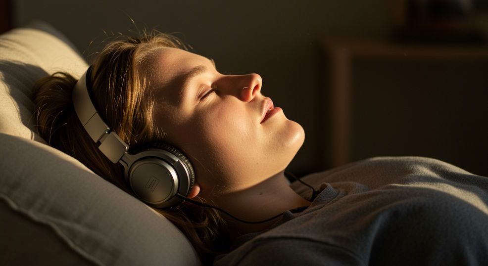 OKC woman reclining with eyes closed headphones serene expression warm golden afternoon light sitting at home during remote hypnosis session