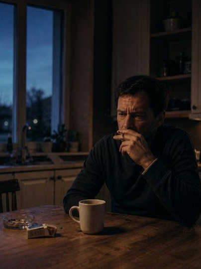 OKC man sitting at his kitchen table drinking a coffee and smoking a cigarette early in the morning