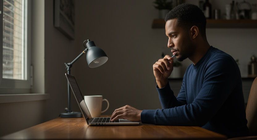 Oklahoma City man at home on laptop seeking remote hypnosis help submitting a request for a callback