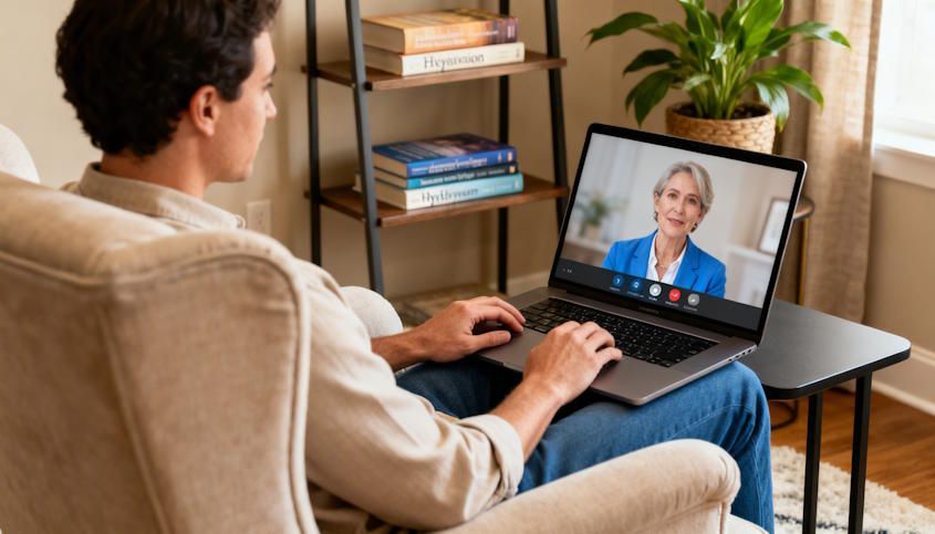 A person in Oklahoma City metro at home, using a laptop to contact remote hypnosis support, relaxed seated posture