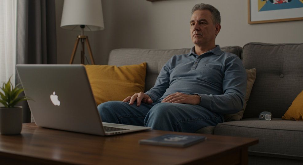 Oklahoma City man participating in a remote hypnosis session at home relaxed posture laptop on coffee table