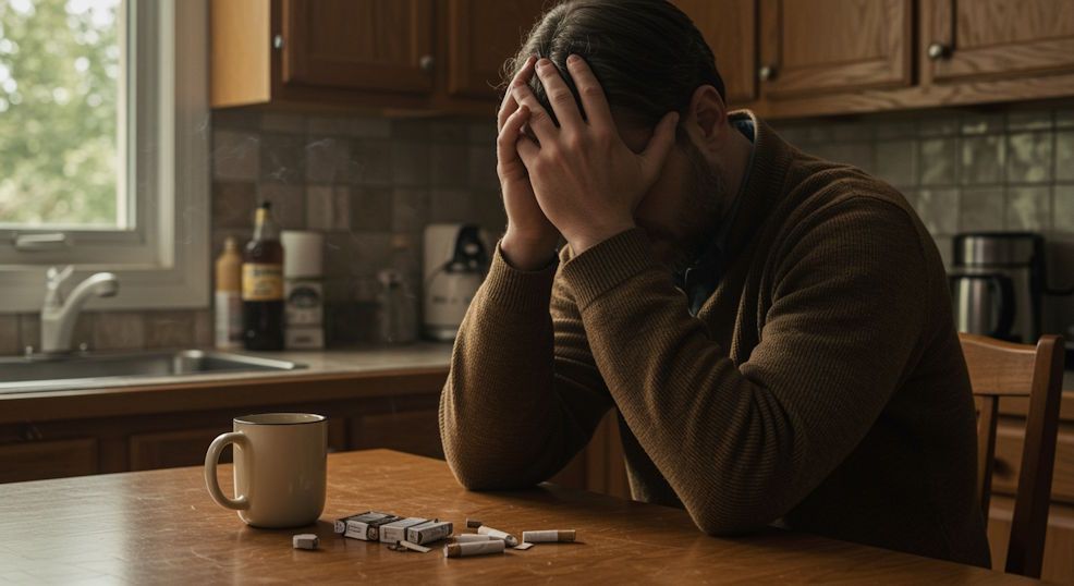 Oklahoma City man seated at kitchen table hunched with head in hands untouched cigarettes beside a cold coffee mug