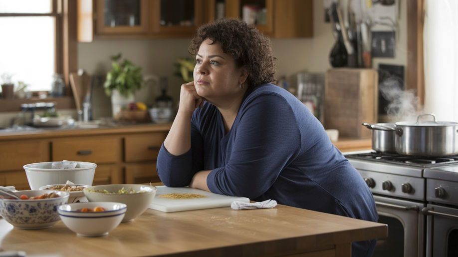 Oklahoma City woman at kitchen counter with food she's preparing is cooking on the stove behind her