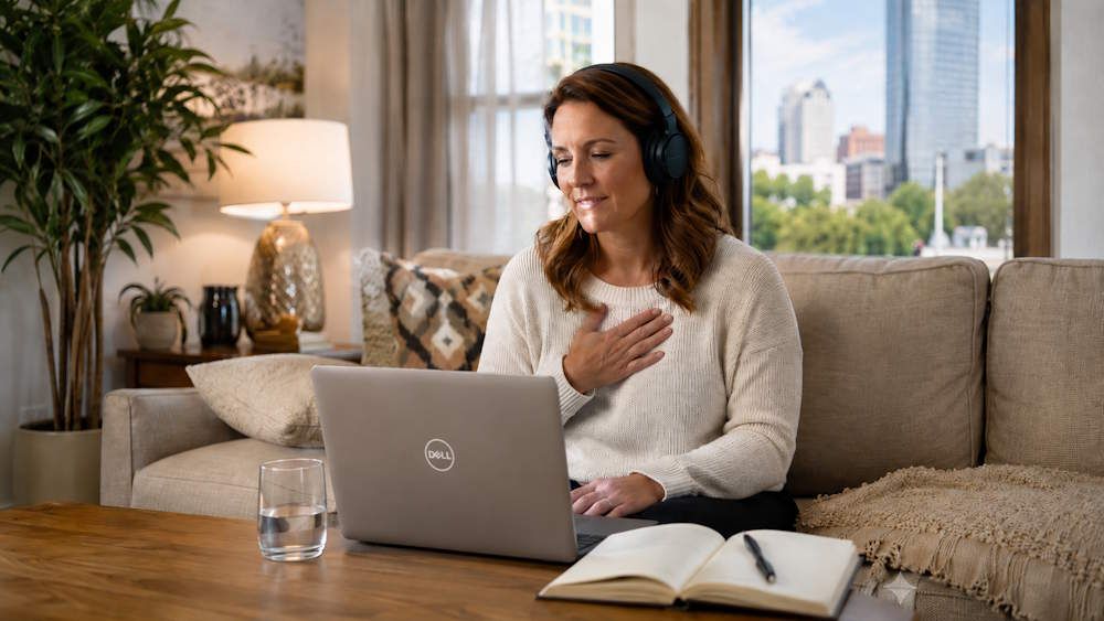 OKC woman sitting in a private remote hypnosis session getting emotional eating support on her pc
