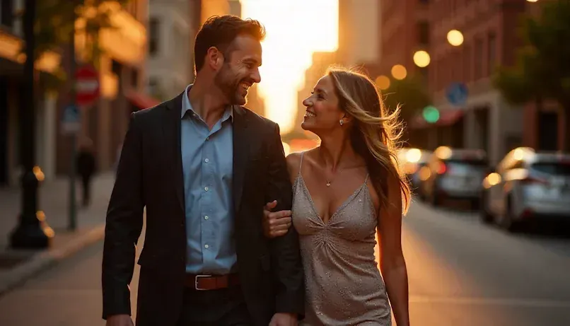 Partners smiling as they walk together through downtown OKC