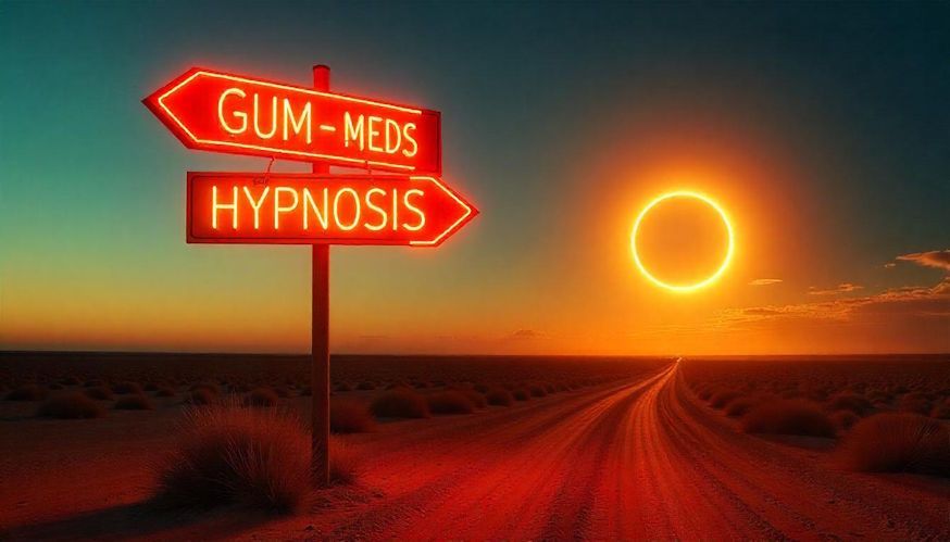 There is a sign that says gum and meds pointing in one direction, and hypnosis pointing in different direction.
