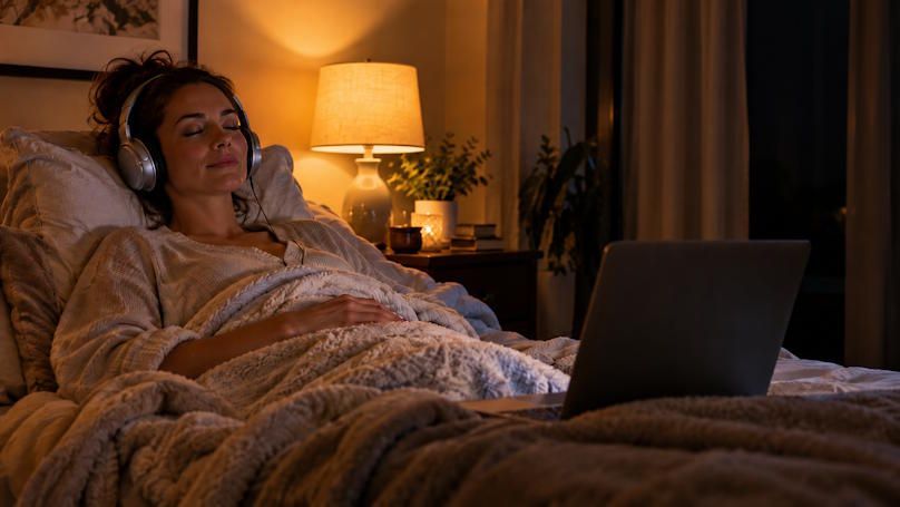 Woman laying back in bed engaging in remote hypnosis session